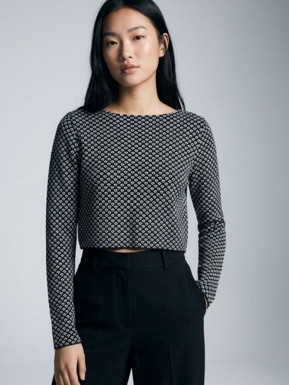 NWT Zara Knit Black & White Geometric Cropped Wool-Blend Sweater Large